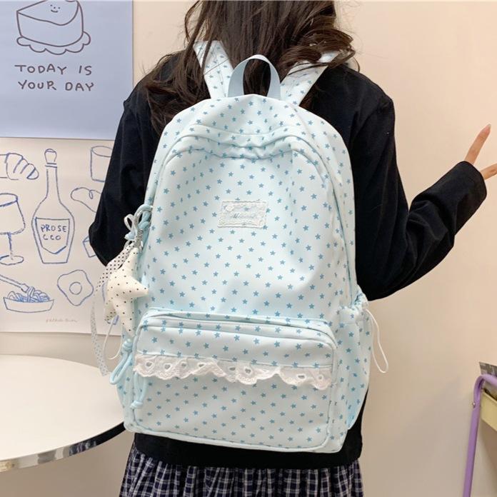 Zaino Grigio Nebbia con Ciondolo a Forma di Stella in Pizzo Borsa da Scuola Femminile Semplice a Pois Vento Gentile Zaino Grande Capacità per Studenti delle Scuole Medie