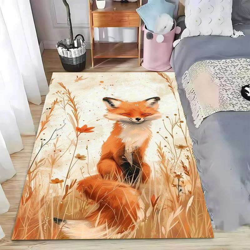 Fox Print Rug 2D Watercolor Scarf Fox Design Carpet for Living Room Large Size Bedroom Floor Mat Warm Cozy Home Decor