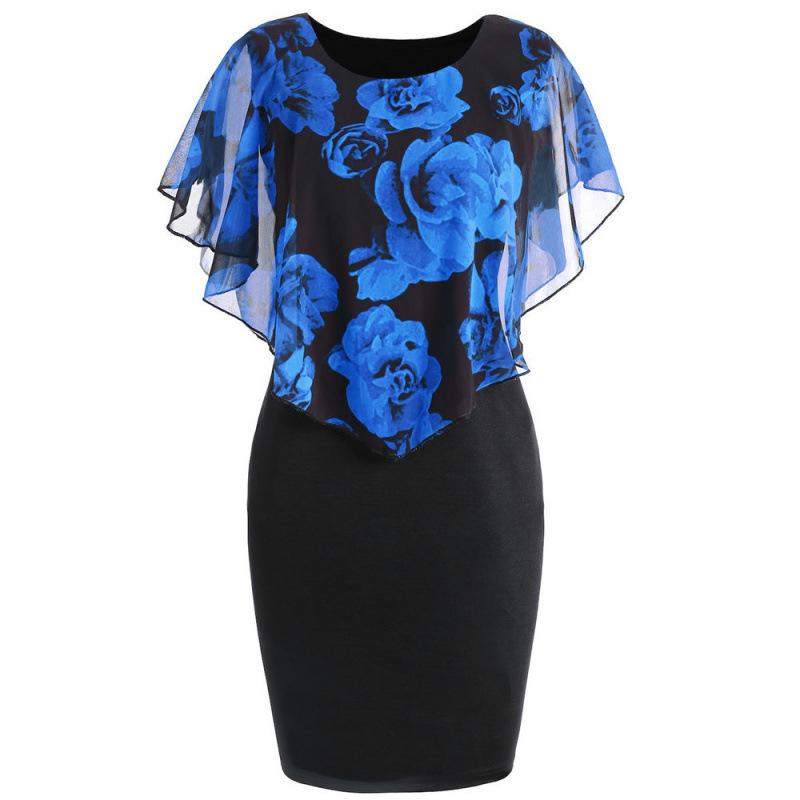 Rose Print Slim Fit Plus Size Dress with Shawl