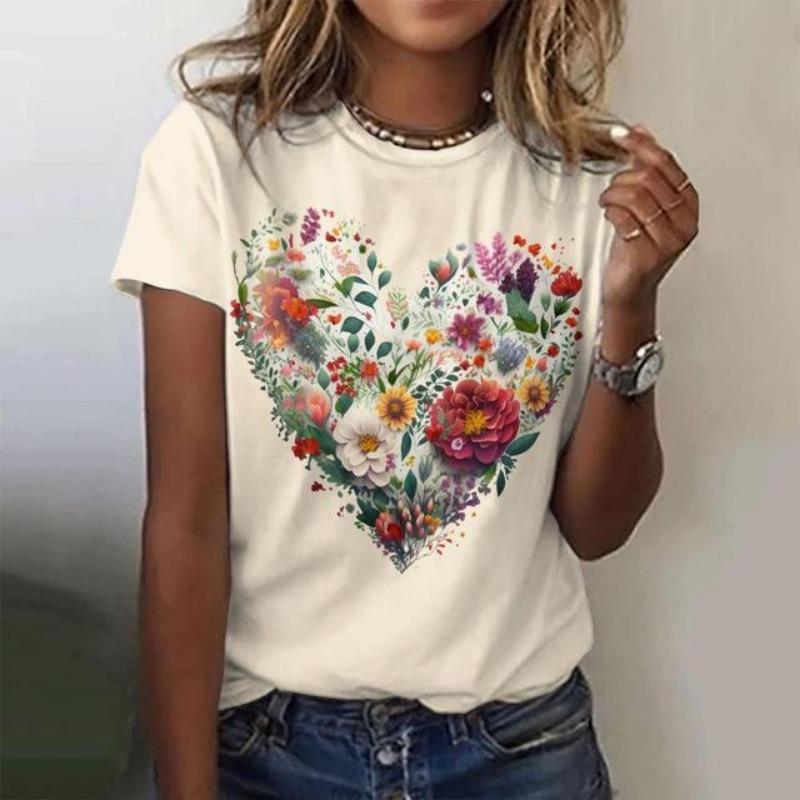 Mode 3D Blume Liebe Druck T Shirt Für Frauen Nette Mädchen Kurzarm Tops Casual Oansatz Lose Pullover Sommer Trend Kleidung