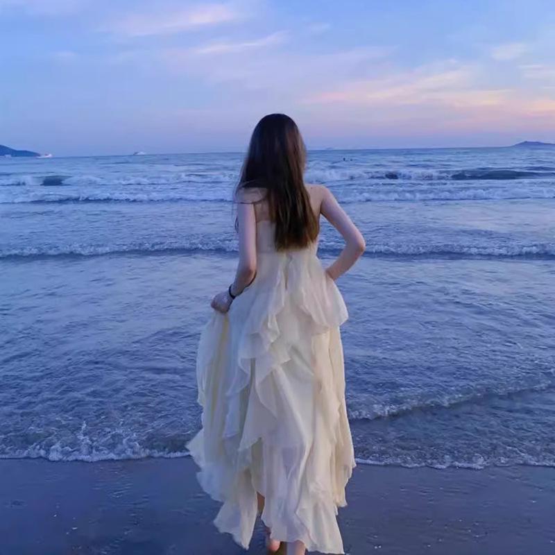 White Spaghetti Strap Summer Beach Dress: Long Fairy Vacation Dress