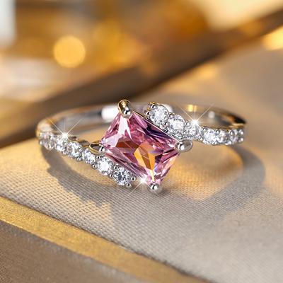 Delikate Sølvfargede Ringer for Kvinner Firkantet Rosa Zirkonia Ring Romantisk Bryllupsfest Smykke Gave