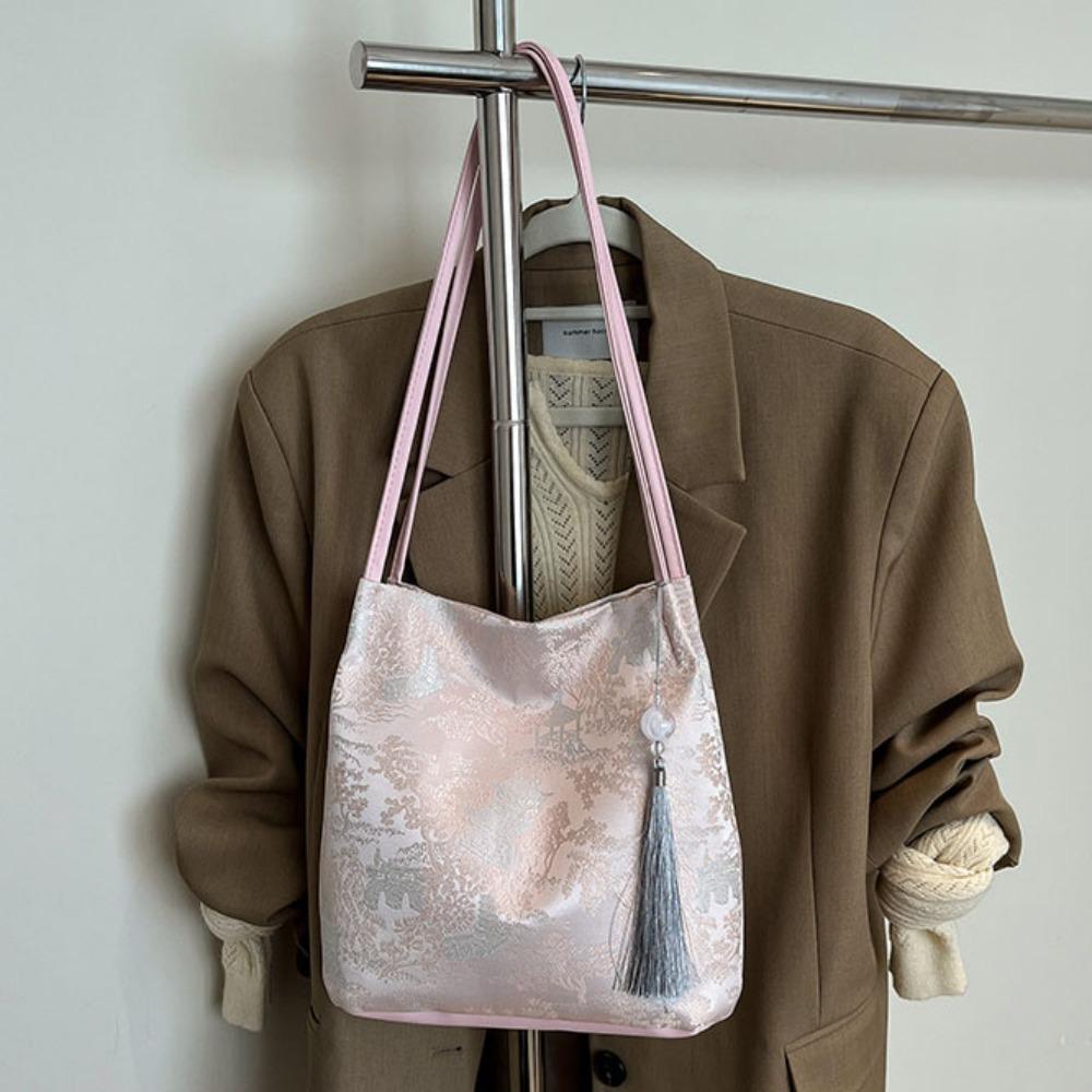 

Тканевая сумка на плечо в китайском стиле, изысканная сумка с принтом Ханфу, вышитая сумка-тоут, для повседневного использования розовый