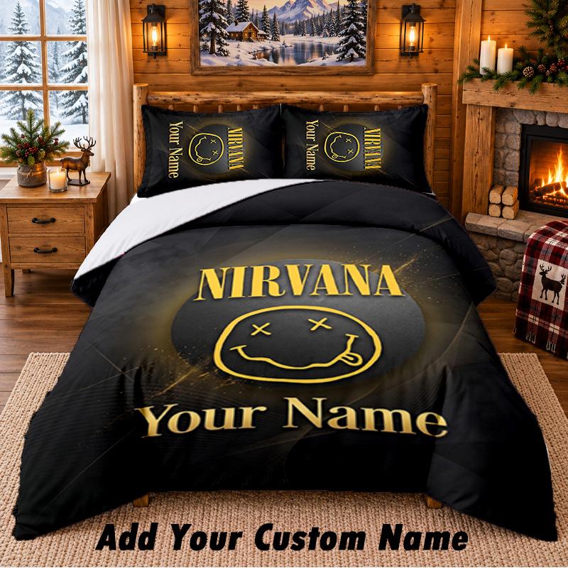 Nirvana Pattern Bedding 3Pcs Set Custom Name, Bed Sheet And Pillowcases For Home Bedroom