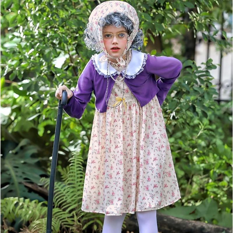 100 Day of School Cosplay Costume Set Kids Old Lady Costume Accessories Faux Pearls Necklace Glasses Crutch Floral Dress