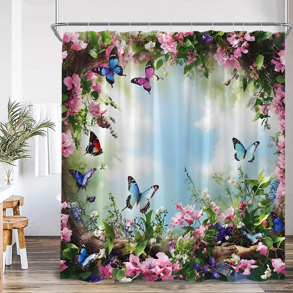 Colorful Butterflies Floral Shower Curtain Flowers Plants Blooming Blossom Bathroom Decorations Polyester Bath Curtain With Hook