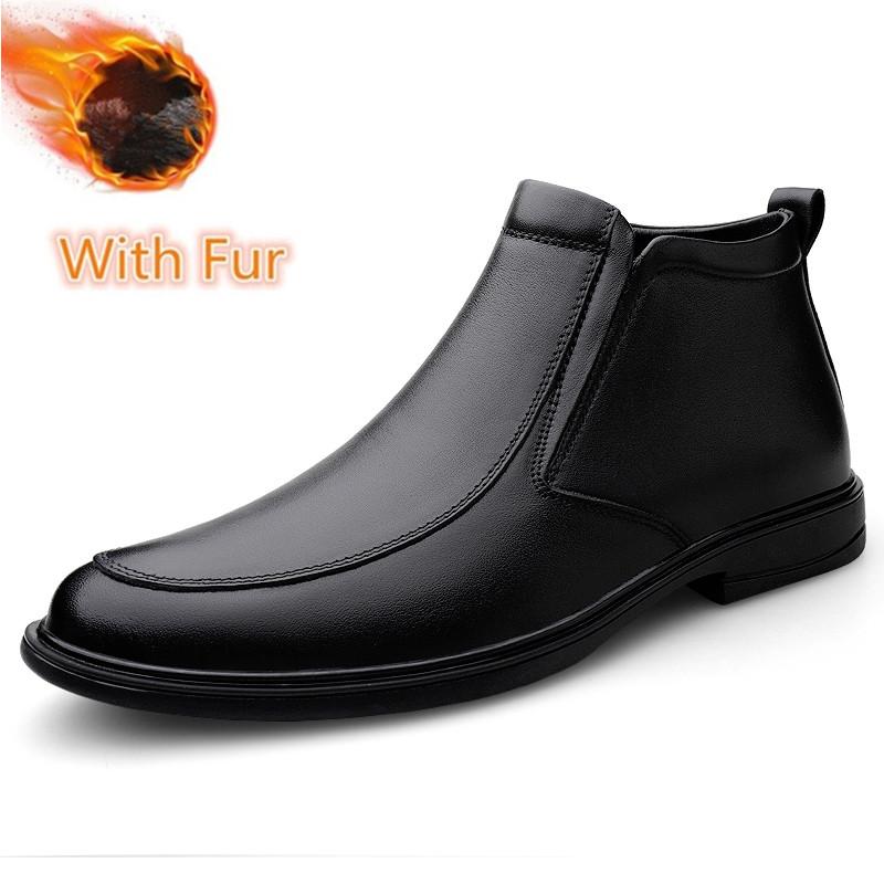 Fashion Luxury Brand Men Chelsea Boots Genuine Leather Winter Plush Ankle Boots Men's Dress Shoes Business British Style Casual Boots
