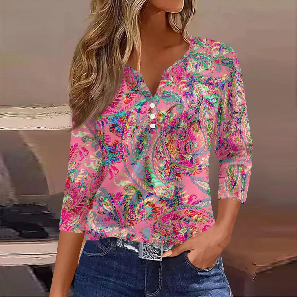 Ladies Casual Fashion V-neck Loose Versatile Floral Print Three-quarter Sleeve Top