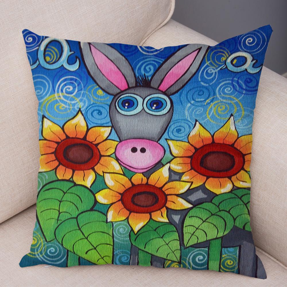 Children Oil Painting Art Cushion Cover Both Sides Plush Pillow Case Decor Cartoon Plant Throw Pillowcase for Sofa Home Car
