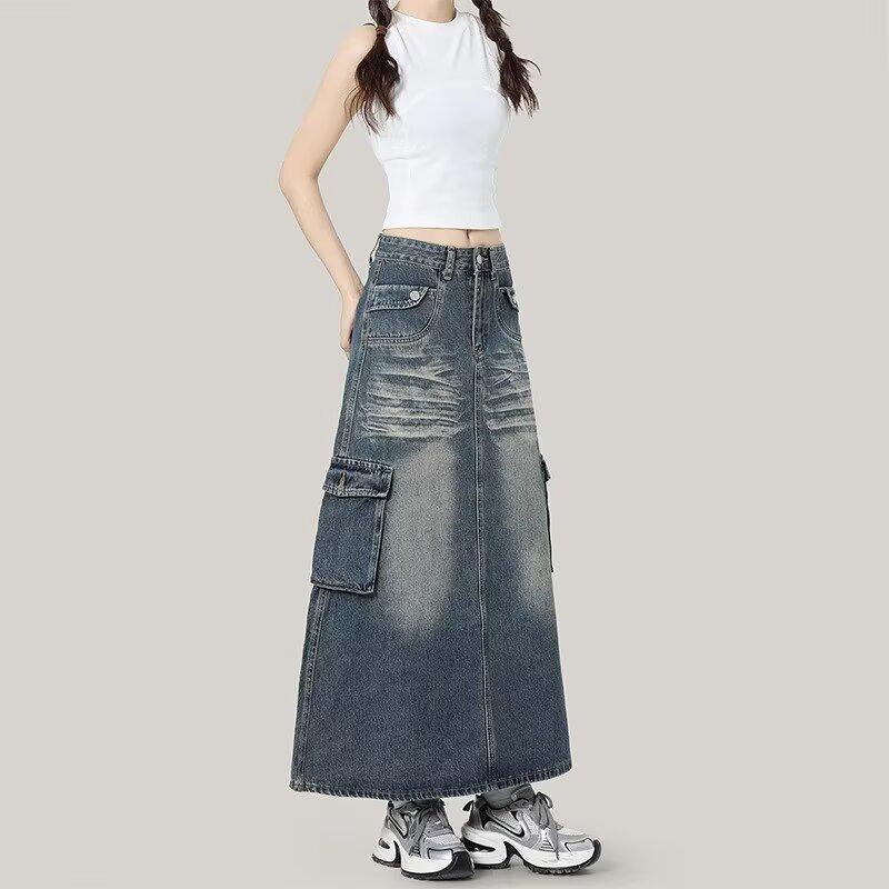 

Женская винтажная джинсовая миди-юбка А-силуэта с потертостями для осени/весны 3XL: Height 155-165CM (156-165 lbs)