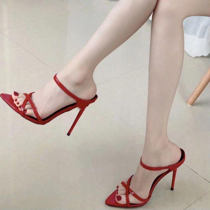 Eleganti Sandali Rossi e Neri con Tacco Alto e Punta Aperta per Scarpe Estive da Donna