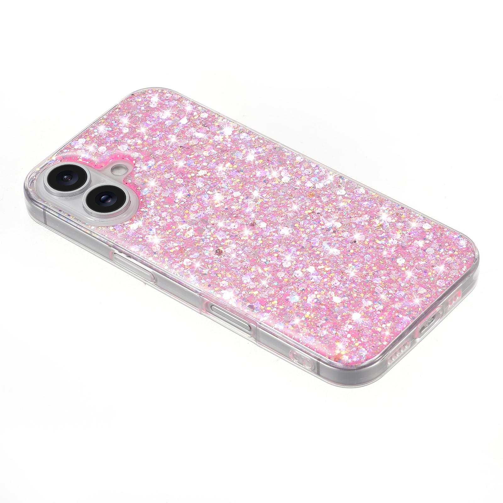 

For iPhone 16 Plus Case TPU Drop Protection Epoxy Glittery Sequins Phone Cover White