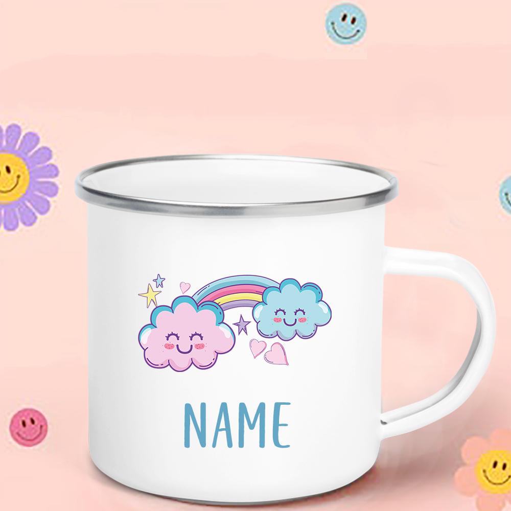 Regenbogen-Wolken-Print Emaille Kaffeetasse Wasser-Milch-Becher Personalisierter Name Kindergeburtstag Party Dekoration Weihnachten Kindertag Neujahrsgeschenk