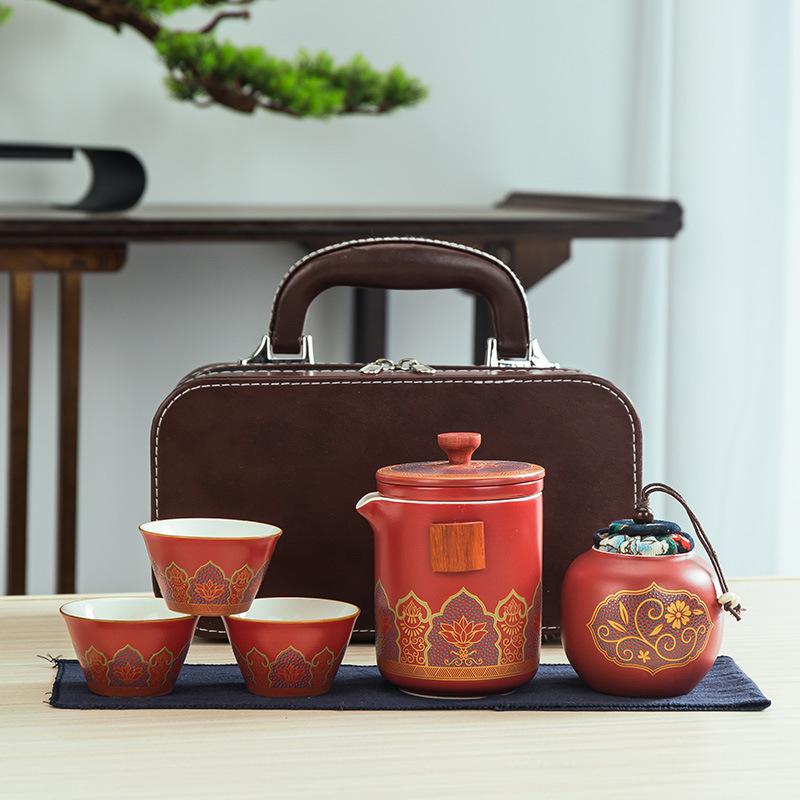 Podróżny ceramiczny zestaw do herbaty kung fu kreatywny ekspresowy kubek z tacą do herbaty cztery filiżanki puszka na herbatę kompletny zestaw prezentów biznesowych
