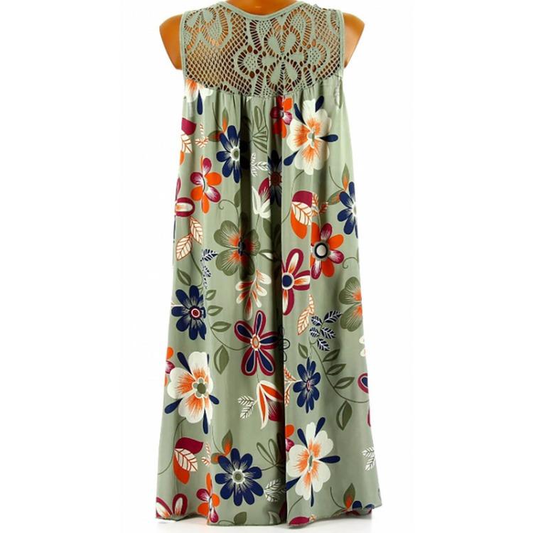 Fashion Women Lace Print Pleated Swing Dress Casual Sleeveless Vest Tank Top