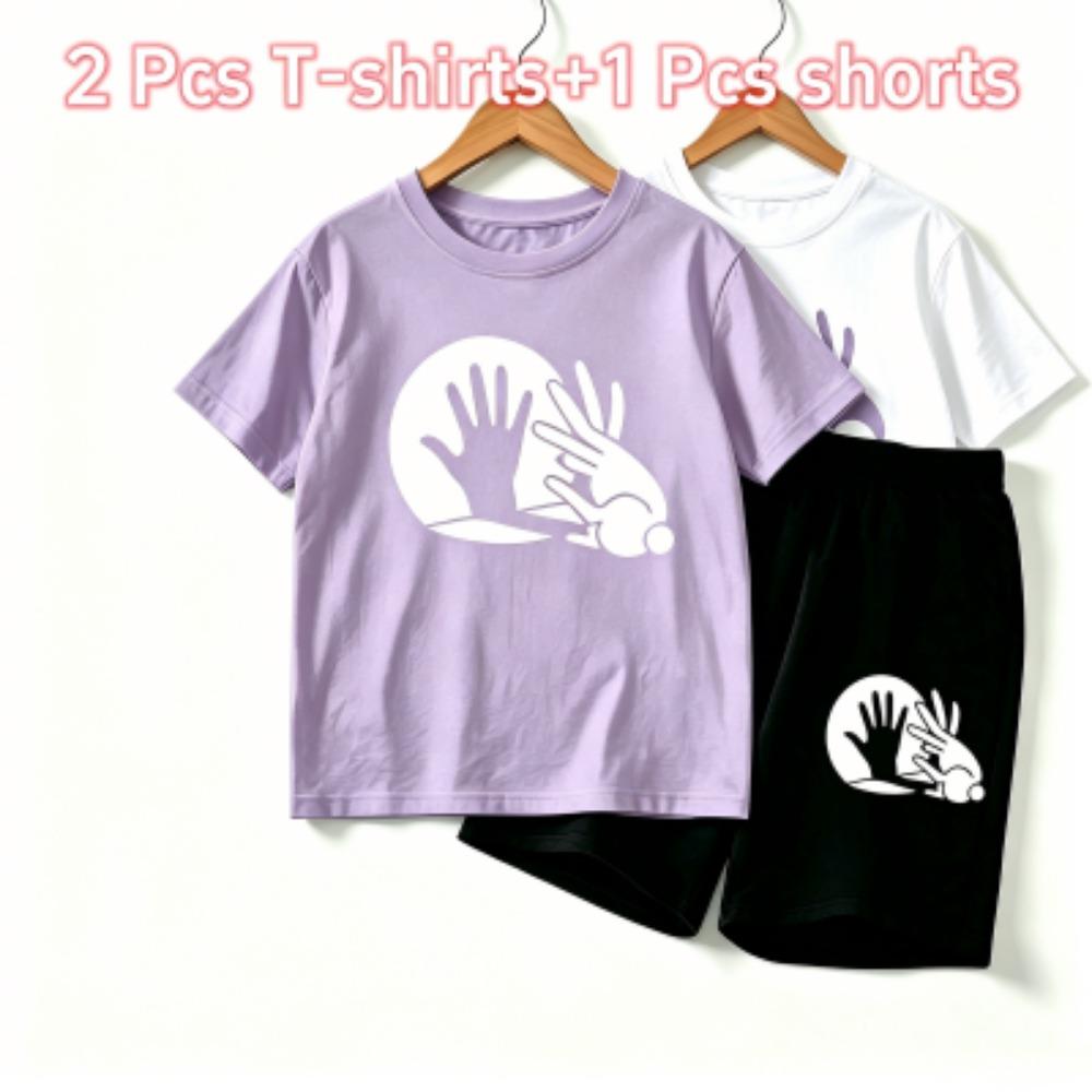 Rabbit Shadow Print Outdoor Street Kids T-shirt and Shorts Summer Home Casual Outfit Boy and Girl's Sports Set