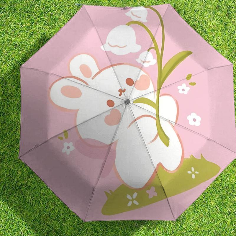 1 Adet Tavşan Çiçekli Otomatik Katlanır Şemsiye 8 Kemerli Demir Çerçeve, Seyahat, Günlük Kullanım, Doğum Günü, Kadın ve Erkek Hediyesi için Uygundur c1231045