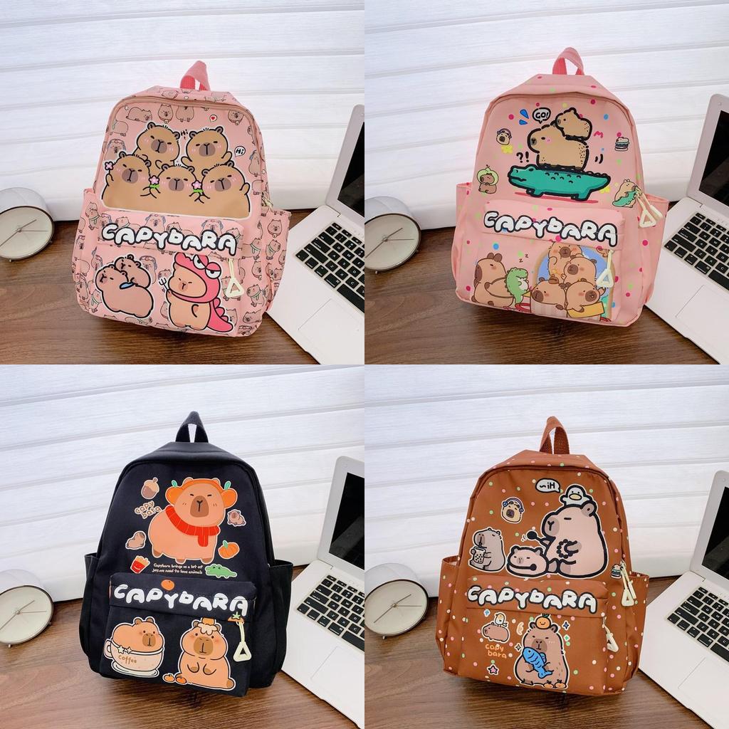 Cute Capybara Drinking Milk Tea Bcrocodile Fries Cartoon Pattern Kid Backpack For School Use