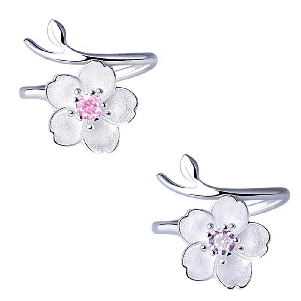 Women Floral Ring Silver Adjustable Band Purple CZ Stone Minimalist Dainty Fashion Jewelry Gift