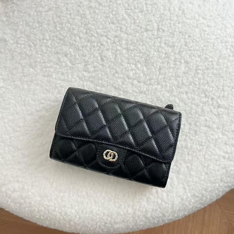 2026 New Caviar Patterned Cowhide Long Three Fold Wallet Hand-held Bag Chain Strap Crossbody Genuine Leather Women's