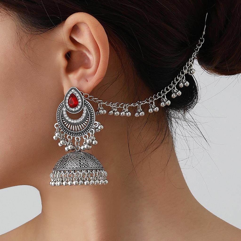 Bohemian Exotic Rhinestone Tassel Necklace & Earrings Set In Antiqued Alloy