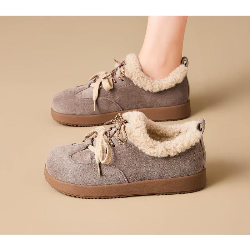Fashion Fuzzy Warm Cotton Shoes 2025 New Autumn and Winter Lace-up Casual Retro Fleece Flats