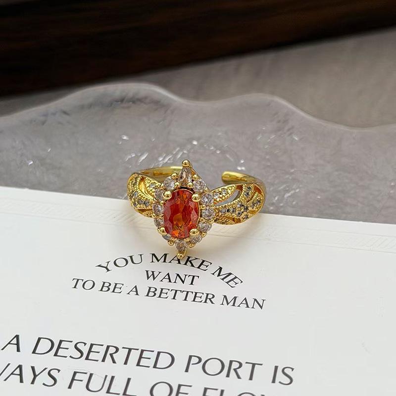 Medieval Vintage French Colored Treasure Zircon Light Luxury High-End Open Ring Niche Design Ring Woman