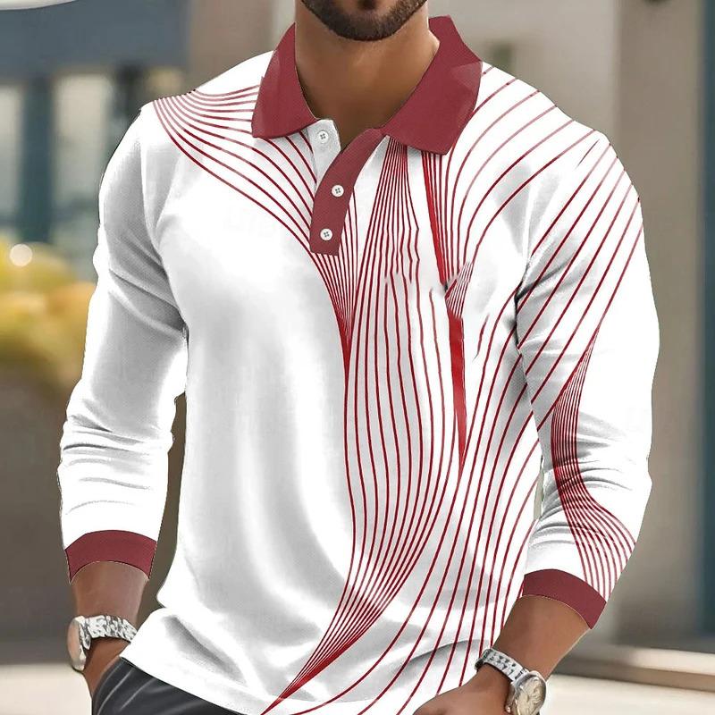 Men'S Striped Print Golf Shirt Long Sleeve Polo Shirt Lapel Business Casual Formal Button 3D Printing Autumn And Winter