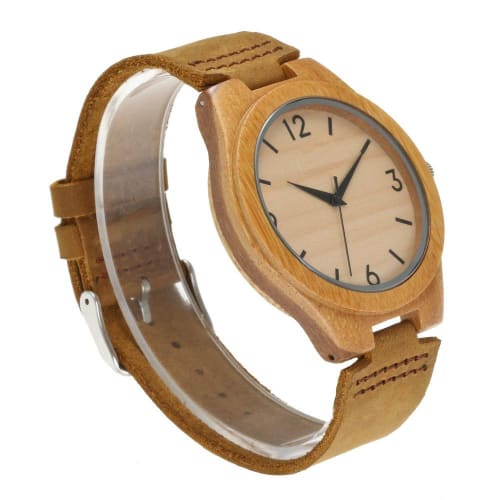 COOFEEL Wooden Watch with Cowhide Leather Strap, Bamboo Wood, for Men and Women, Luxury Brand, Natural Wood Carving (Women's Watch)