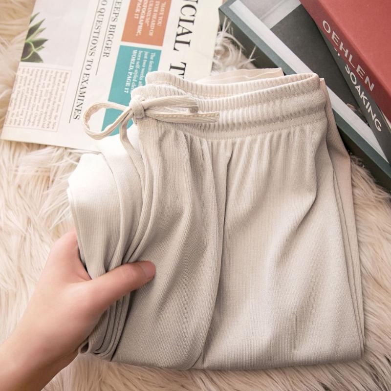 

Популярні жіночі літні тонкі шовкові нитки з високою талією, 2024, нові прямі модні брендові повсякденні сонцезахисні штани One size бежевий