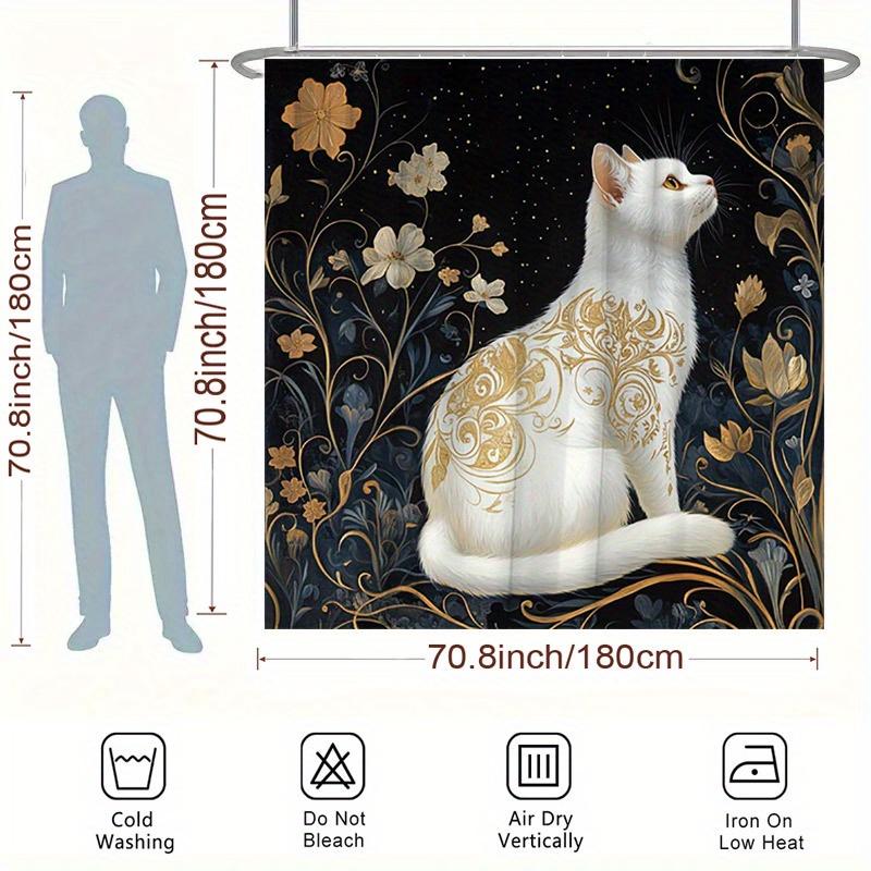 Eleganter Weißer Kater mit Goldakzenten Duschvorhang - Wasserabweisend, Leicht zu Reinigen, Verleiht Ihrem ein Hauch von Luxus und Charme