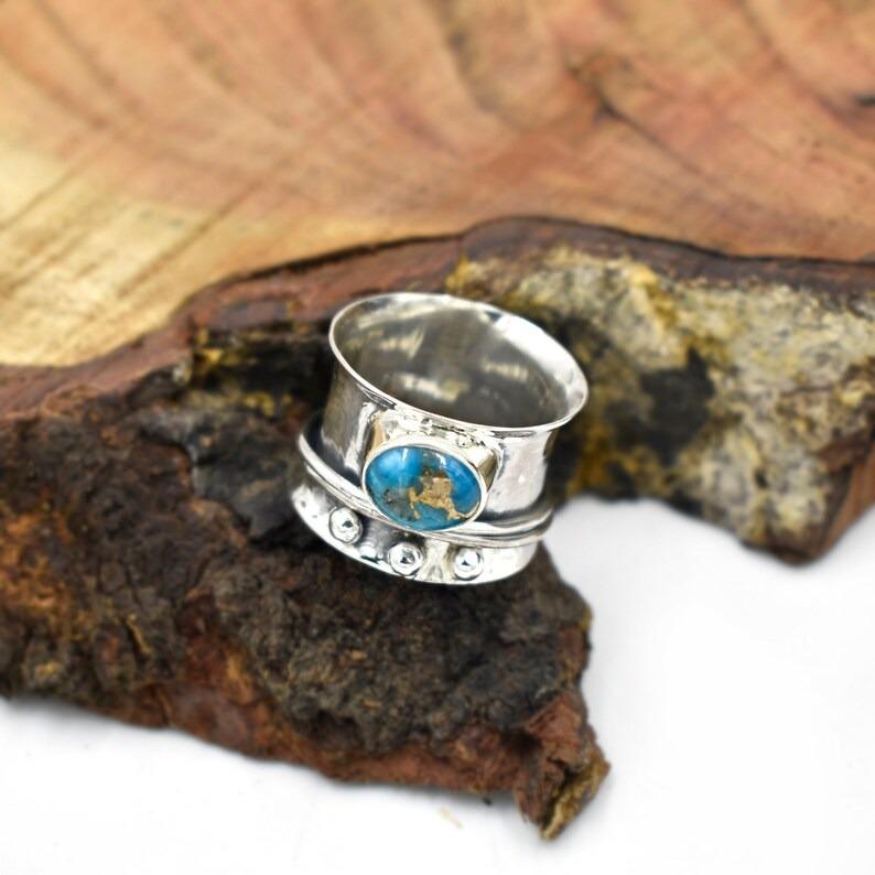 Blue Copper Turquoise Oval Gemstone Solid 925 Sterling Silver Spinner Band Handmade Designer Ring Unisex Gift