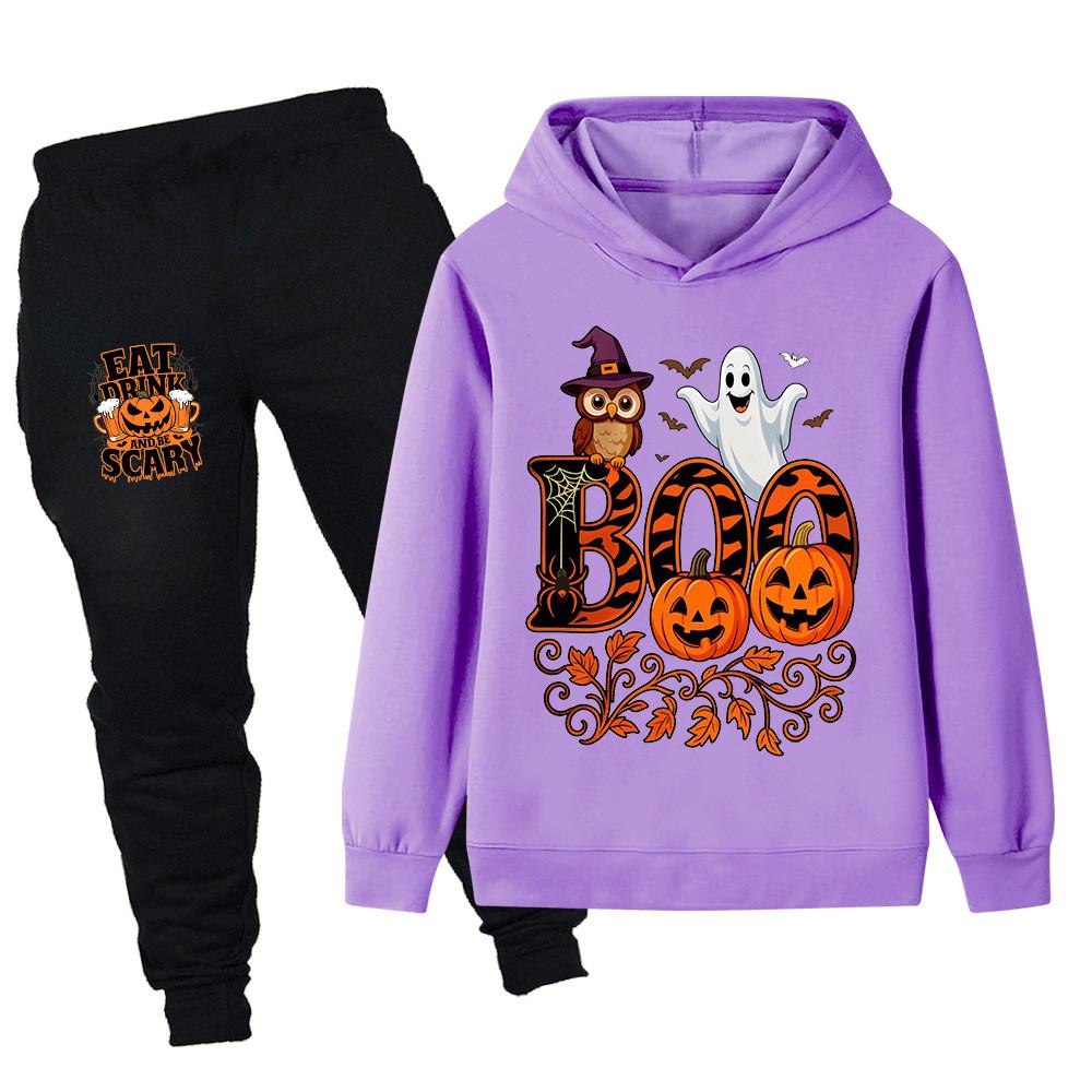 PB1649 Kids Boys Girls Halloween Ghost Printed Long Sleeves Hoodie Trousers Sets
