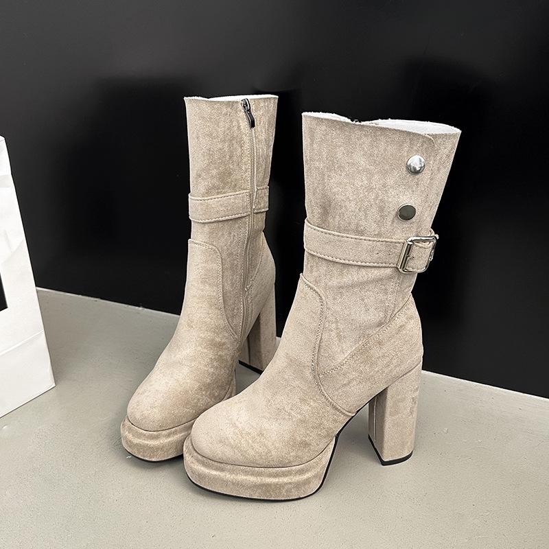 Vintage European and American matte thick heel thin thick-soled sleeve western boots women's 2025 autumn and winter new fashion Martin boots