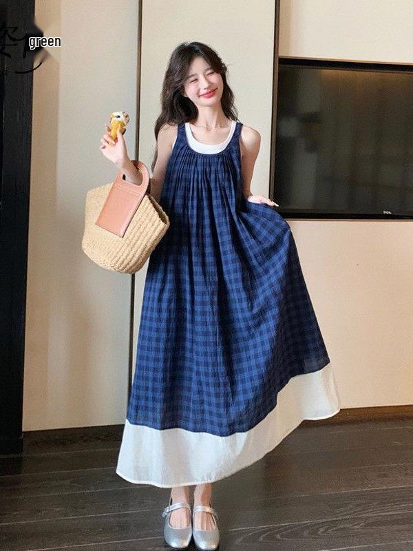 French Blue Plaid Sleeveless Summer Dress - Retro Forest Style Camisole