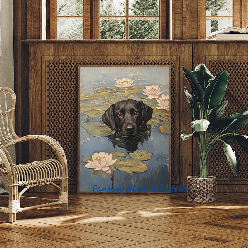 Black Dog Cat In Water Lilies Monet Vintage Funny Classic Painting Poster Canvas Painting Wall Picture Bedroom Living Room Decor