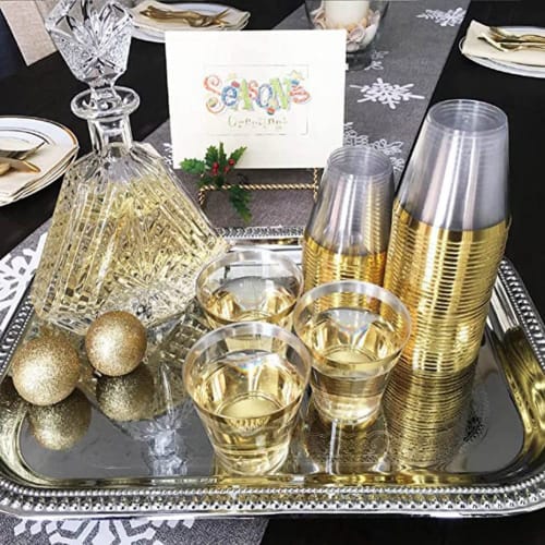 CUTEECO Golden Plastic Cups, 9oz Disposable Cups, Plastic Wine Glasses, Party Cups, Clear Plastic Cups for Parties