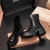 Botas elásticas de salto alto grosso, botas curtas, outono e inverno, novas, à prova d'água, sola grossa, cano médio fino, botas de cavaleiro