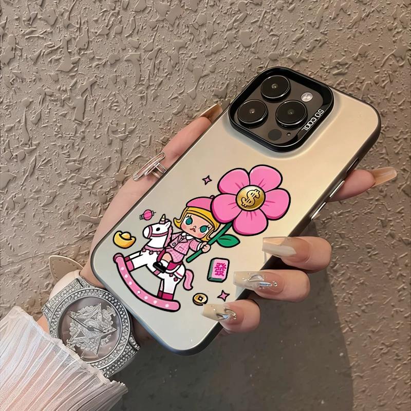 Cute Cartoon Girl Unicorn Phone Case, Frosted Matte Shockproof Protective Cover, Lucky Wealth Print Phone Shell for iPhone
