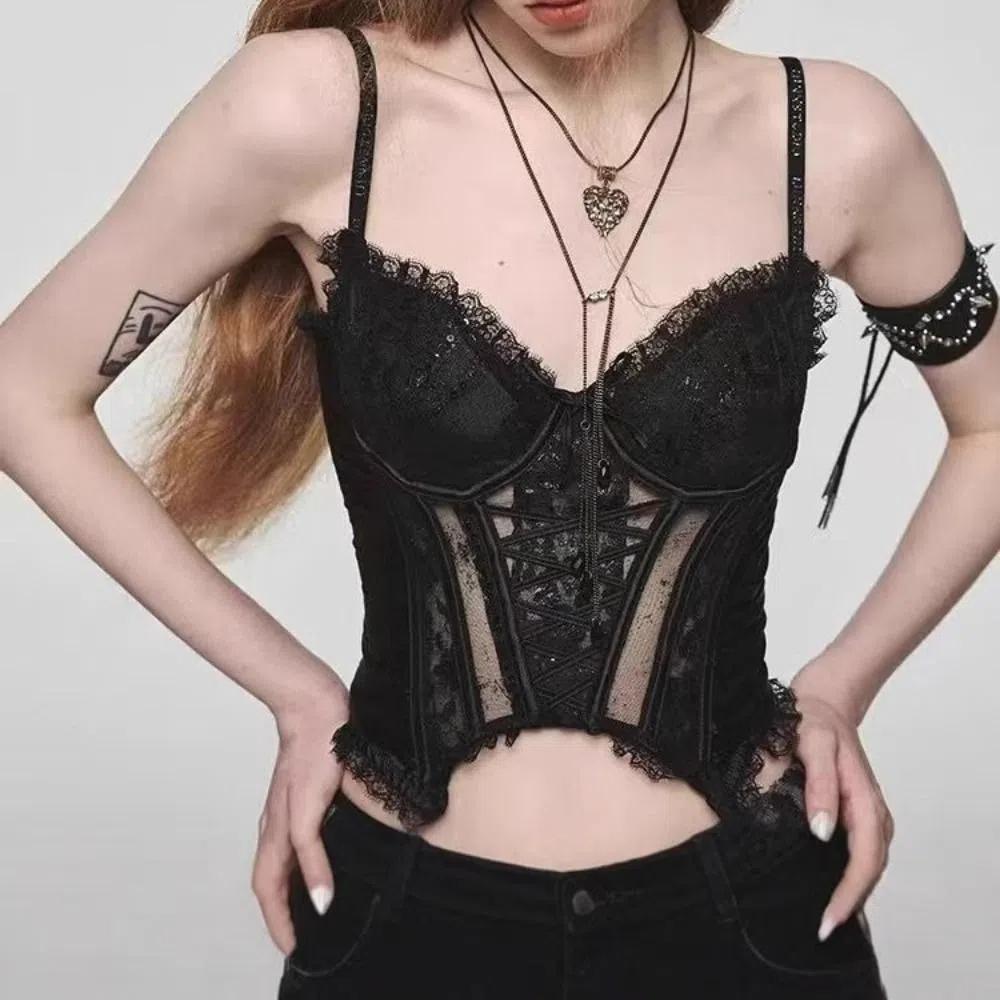 Mesh Transparent Satin Lace-up Corset Sleeveless Slim Crop Tops Suspender Vest Spring Summer