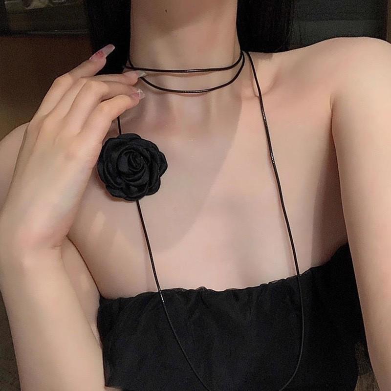 Lolita Camellia Choker Necklace for Women - Dark Clavicle Chain, Maid Style Neckband Collar