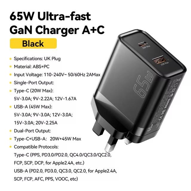 Încărcător GaN Essager 65W Încărcare rapidă QC4.0 PD3.0 Încărcător USB tip C Încărcător rapid portabil pentru laptop iPhone 15 14 13Pro MacBook