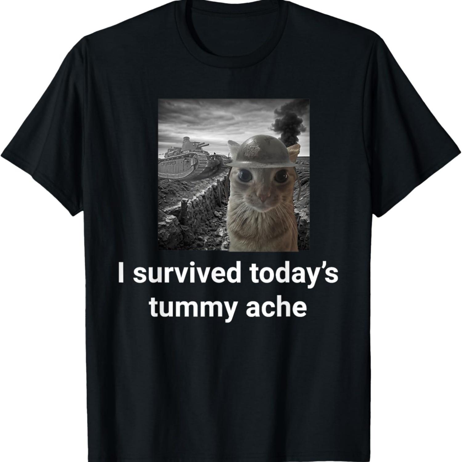I Survived Today s Tummy Ache Funny Meme Cat T-Shirt S чёрный