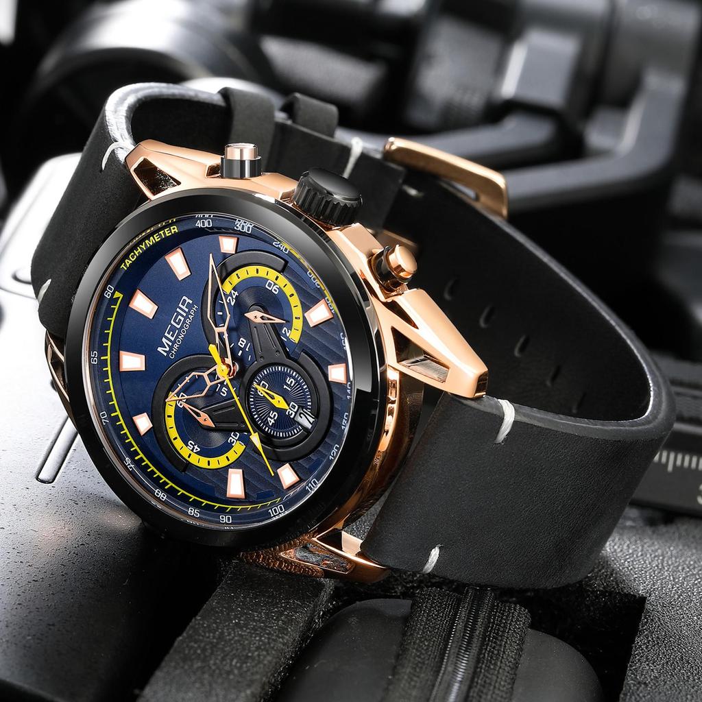 Megir Rose Black Luxury Chronograph Men Watches with Leather Strap