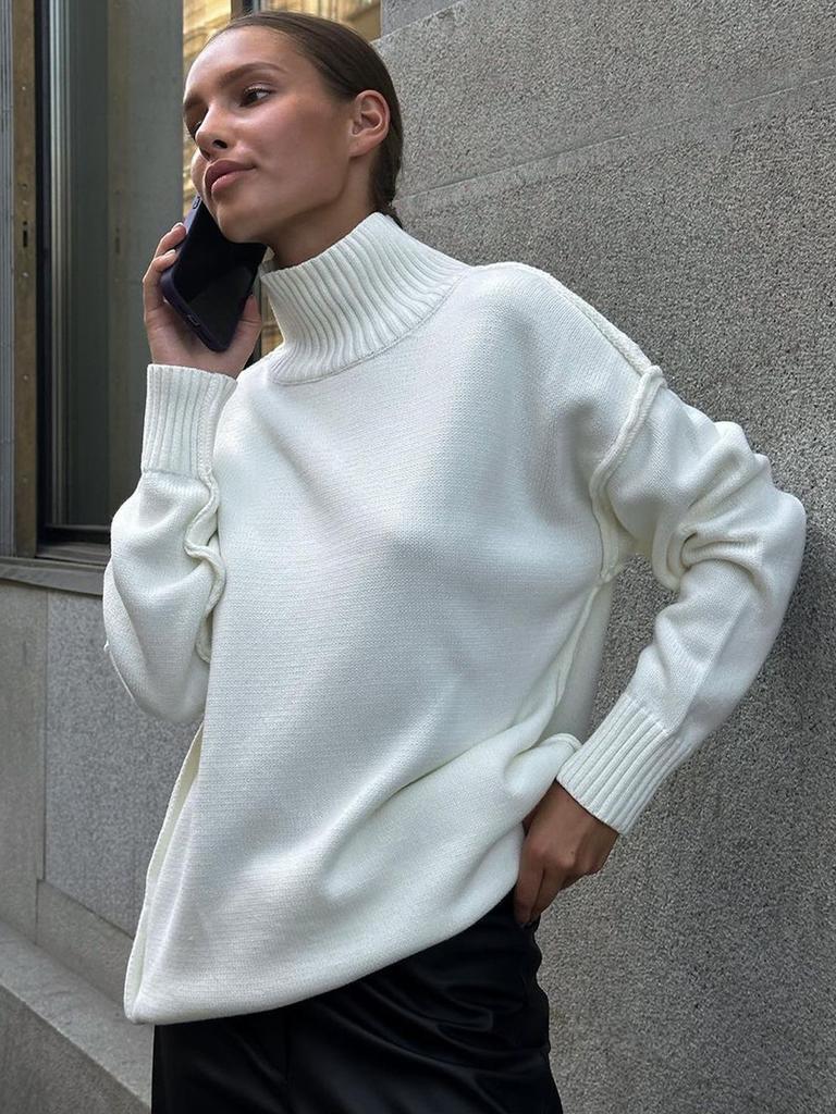 Women's Patchwork Turtleneck Sweater Autumn Winter New Casual Loose Lazy Thick Knit Pullover