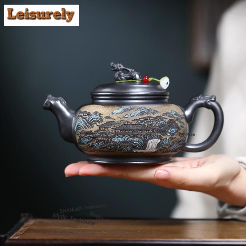 410ml Retro Yixing Lila Ton Teekannen Handgefertigter Landschaftstopf Rohmaterial Stein Gelber Schlamm Kessel Mit Sieb Chinesisches Zisha Teegeschirr
