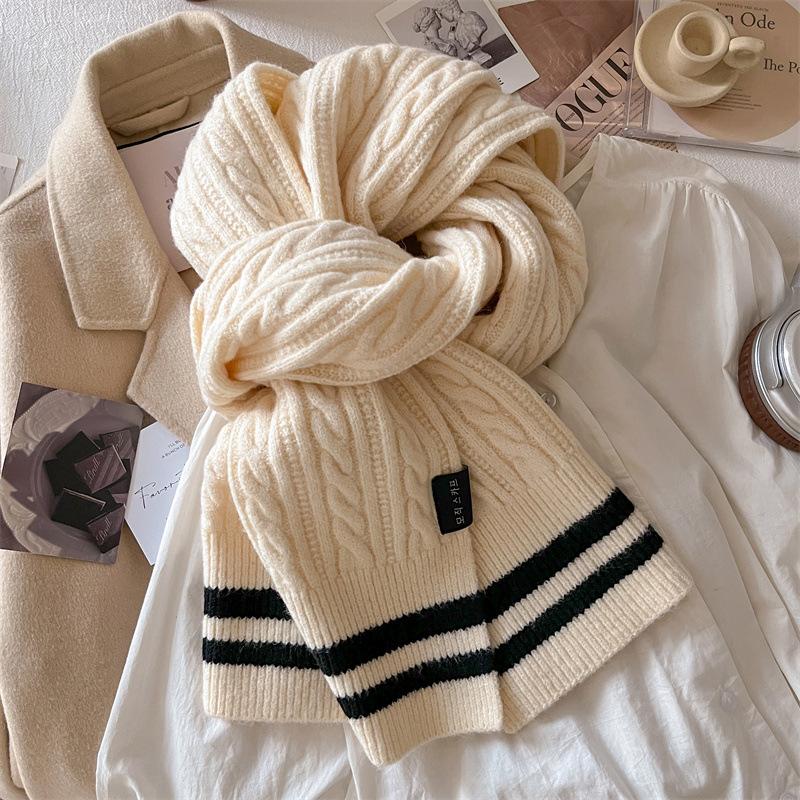 Striped two-color wool knitted scarf women's winter versatile trend cute girl student warm scarf