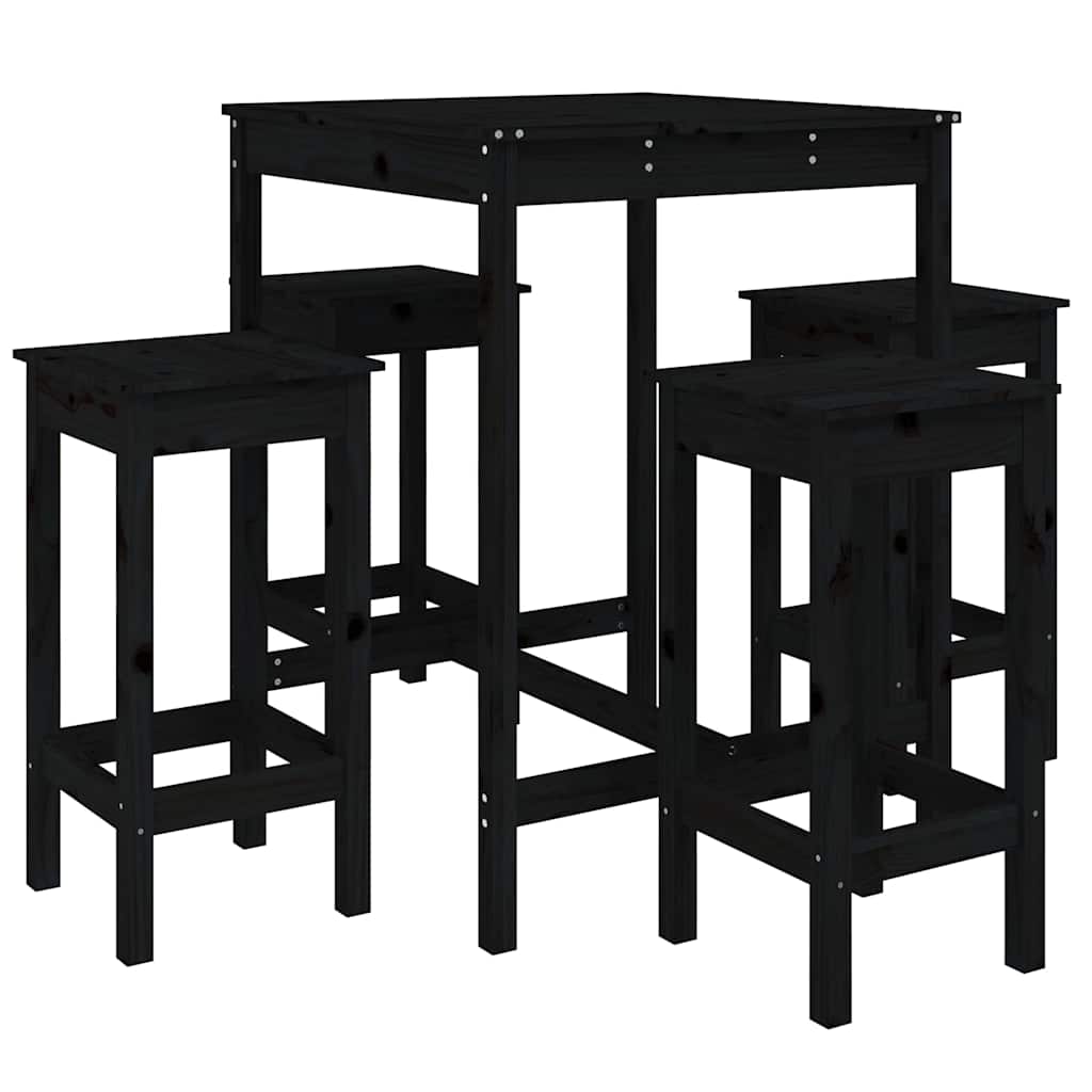 5 Piece Garden Bar Set Black Solid Pine Wood