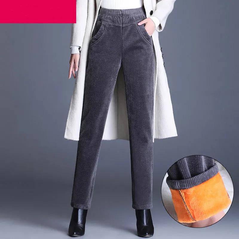 Women's Fall/Winter High-Waisted Corduroy Pants Relaxed Fit with Elastic Waistband Plus Size Thickened Fabric Casual Trousers for Mothers