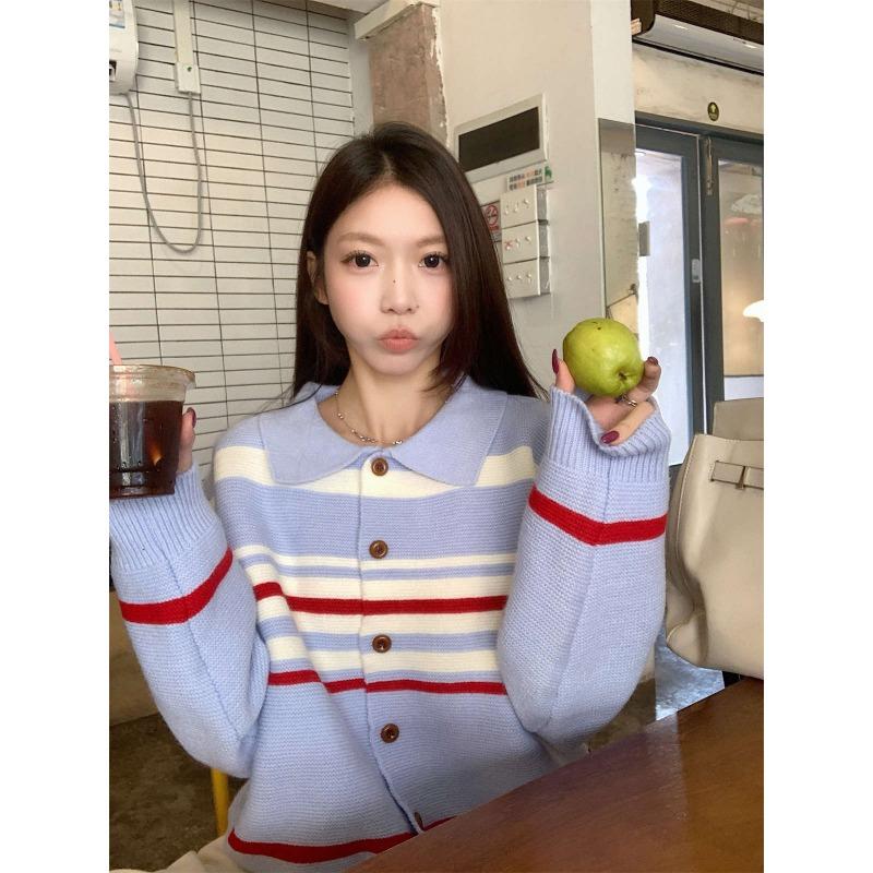 Polo collar button contrasting stripes lazy loose knitted cardigan women's autumn and winter sweater button top jacket